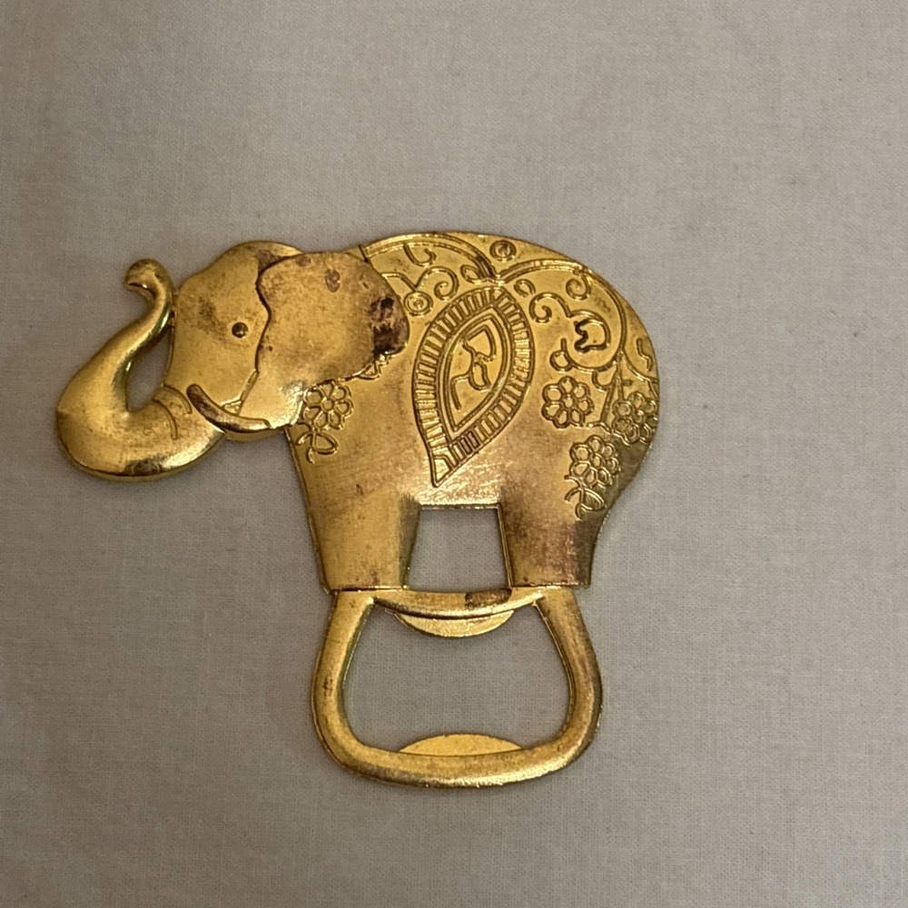 Gold Elephant Metal Bottle Opener Embossed Floral Animal Barware Breweriana